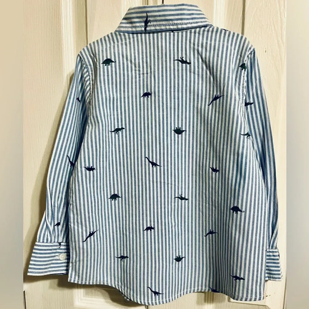 Old Navy Blue Striped Dino Dress Button Up Shirt Long Sleeve & Tie 3T Boys NWOT
